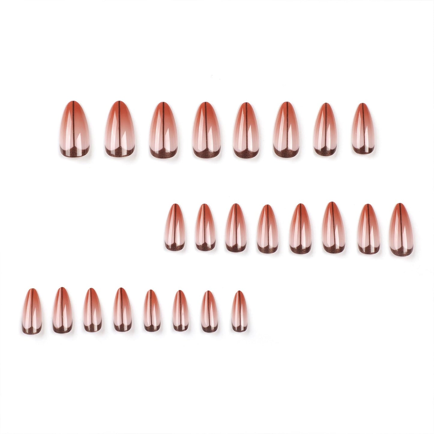 SINHOT Long Stiletto Press on Nails French Tip Almond Fake Nails Glossy Glue on Nails Brown Gradient Acrylic Nail Artificial Nail Black Line Stick on False Nail with Design 24 pcs