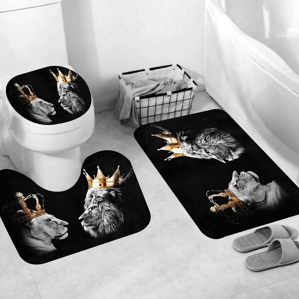 RinRinfam 4Pcs Wild Lion Shower Curtain Set, Crown African Leo Tiger Couple Curtain with Non-Slip Rug,Toilet Lid Cover,U Shape Mat,Waterproof Shower Curtain with 12 Hooks Bathroom Decor Sets,Black