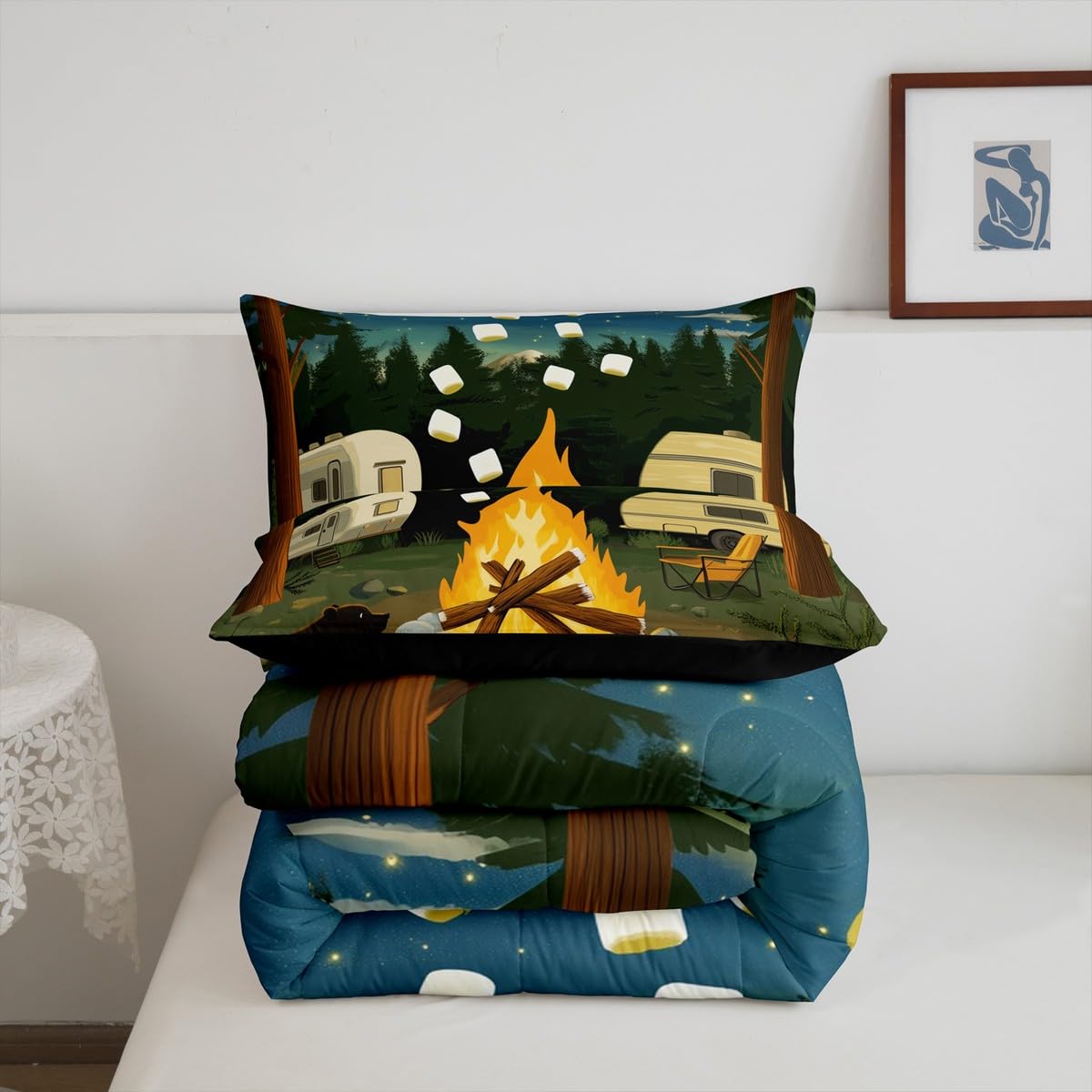 Erosebridal Rv Camper Bedding Sets King,Happy Camping Comforter Set for Kids Adults Wild Campfire Duvet Insert Rustic Starry Night Quilt