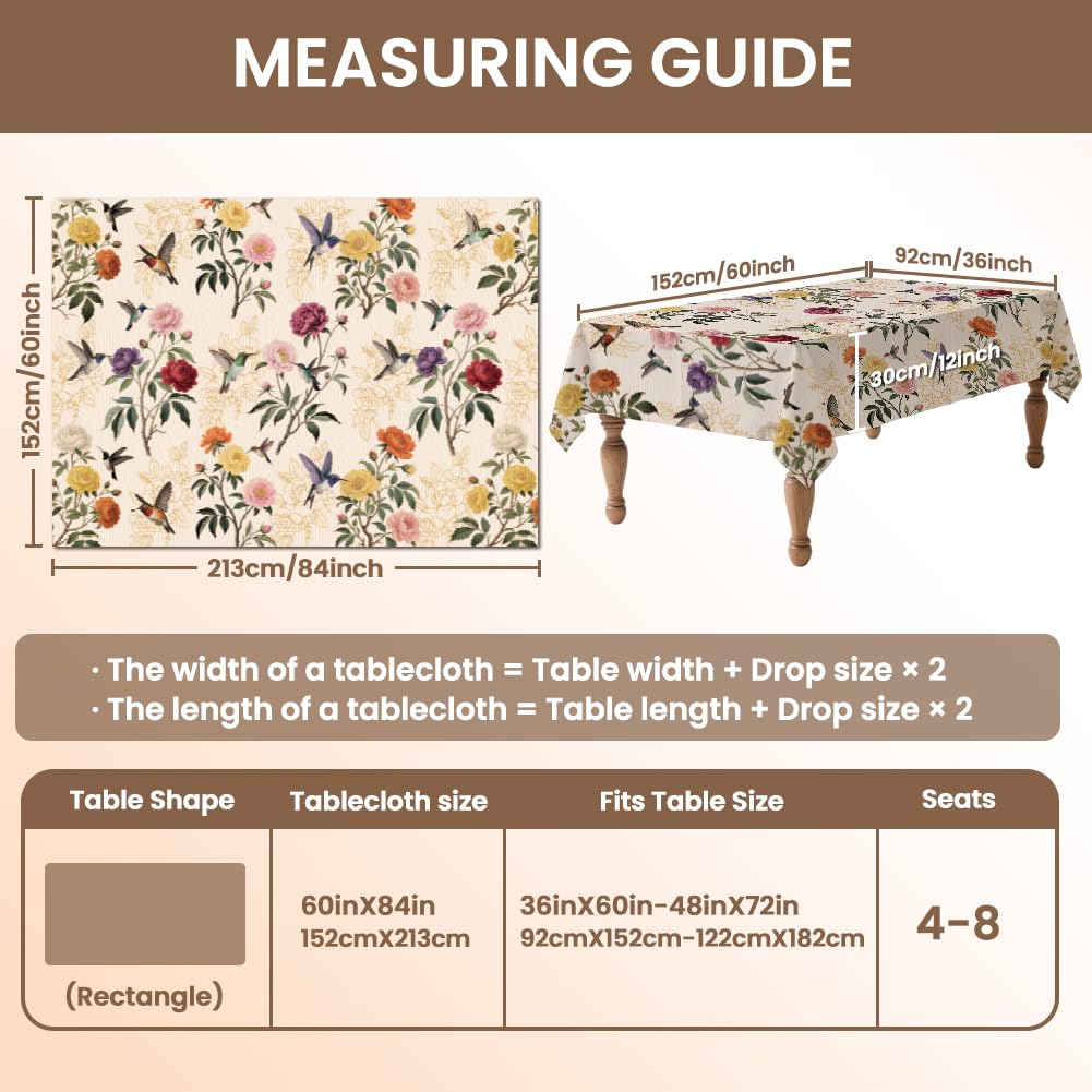 ANATTASOUL Hummingbird and Peony Rectangle Table Cloth Waterproof 6ft Fall Spring Summer Tablecloth, 84"x60" Stain Resistant and Wrinkle Free Table Cover for Dining Party Buffet Camping Wedding