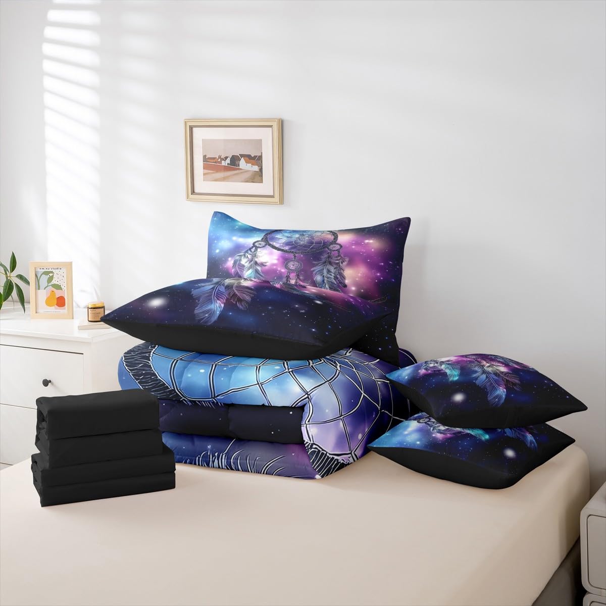 Erosebridal Dream Catcher Full Comforter Set, Nebula 7-Piece Bed in A Bag, Purple Feather Sheets and Pillowcases, Galaxy Starry Sky Bed Sets