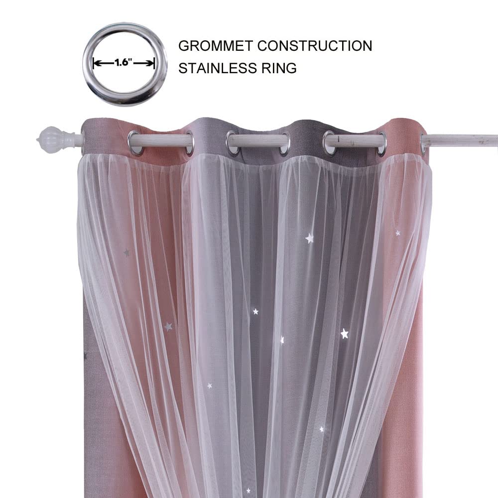 ZHUHAN Ombre Rainbow Blackout Curtains for Kid Girls Bedroom Living Room Darking Stripe Double Layer Star Cut Out Wall Home Decor Gradient Grommet Window Curtains （Pink Grey 52W x 72L