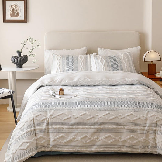 CLOTHKNOW White Blue Bohemian Queen Comforter Set Farmhouse Bedding Comforter Sets Clipped Jacquard Stripes Comforter Soft Fluffy