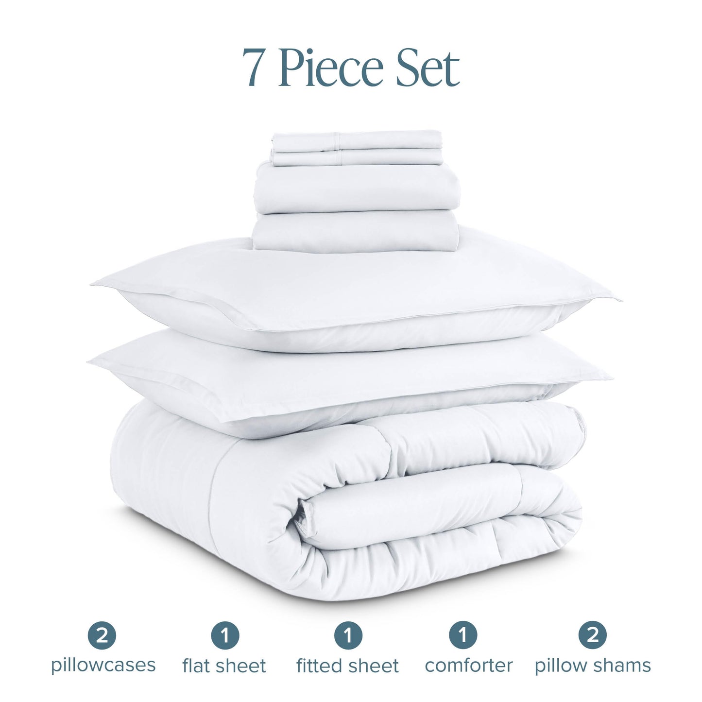 Bare Home Bed-in-A-Bag 7 Piece Comforter & Sheet Set - Queen - Goose Down Alternative - Ultra-Soft 1800 Premium - Bedding Set (Queen, White/White)