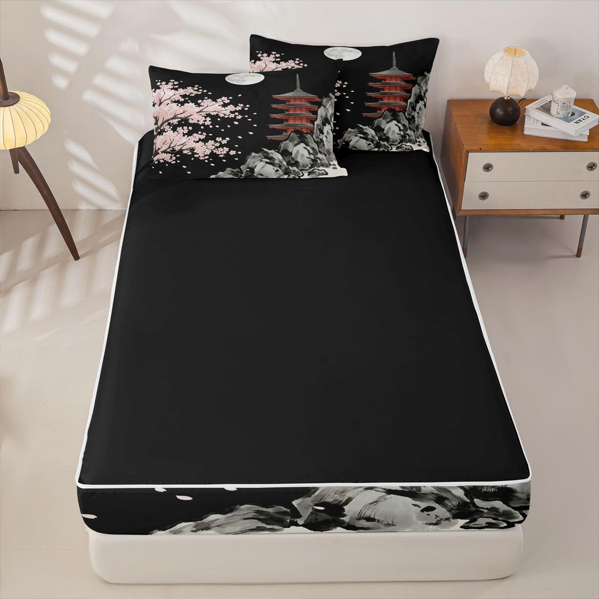 jejeloiu Pink Cherry Zipper Bedding Sets for Kids Boys Girls Japanese Style View Twin Comforter Set with Fitted Sheet Romantic Exotic Bedroom Decor Night Moon Microfiber with 2 Pillow Cases