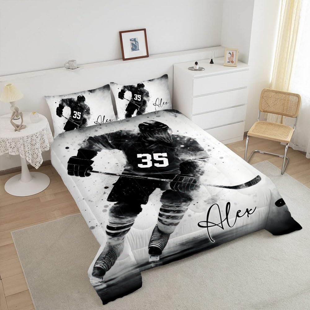 WAZARO Custom Amazing Ice Hockey Comforter Set, Personalized Hockey Bedding Twin Full Queen King, Hockey Decorations for Boys Room Bedspreads Sport Home Decor (Black & White Hockey Art)