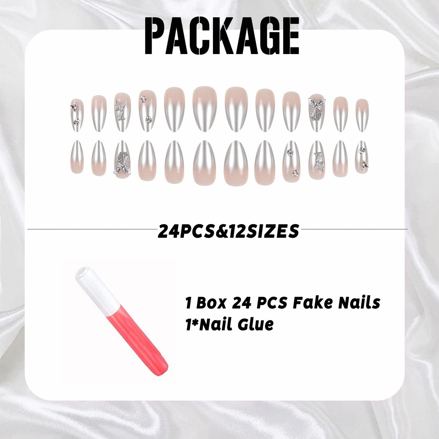 IMSOHOT Medium Almond Press on Nails Silver Chrome Gradient Fake Nails with Metal Butterfly Designs Glossy Full Cover Nude Acrylic Stick on Nails for Women Girls 24Pcs