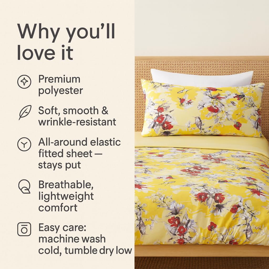 DaDa Bedding Lovely Yellow Floral Fitted and Flat Bed Sheets - Radiant Sunshine Hummingbirds Multi-Colorful Red Flowers - Bright Vibrant w/Pillow Cases Set - Full Size - 4-Pieces