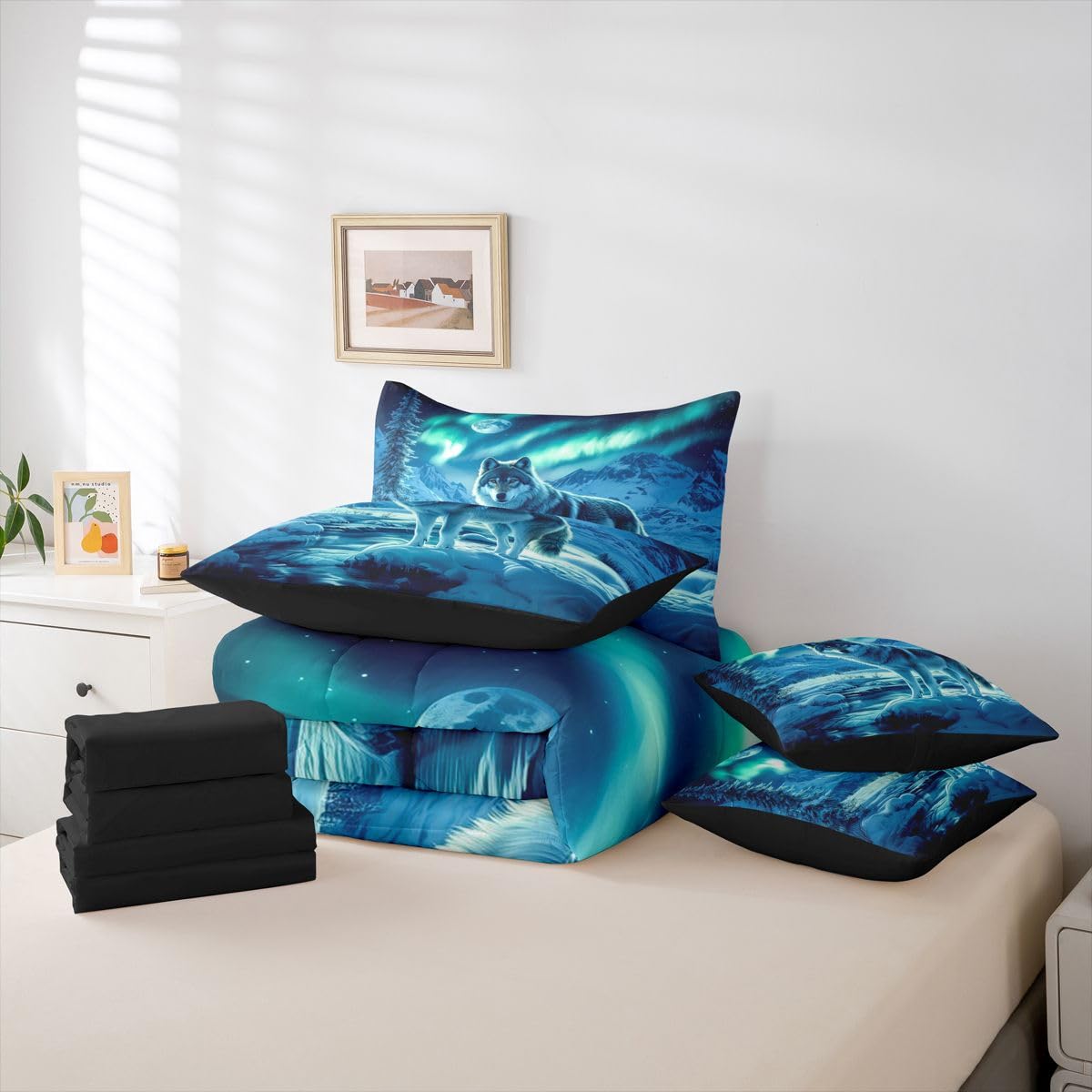 Feelyou Wolf Comforter Set with Sheets 7 Piece Queen Size Wolves Howling Bed in a Bag Kids Boys Girls Western Farmhouse Bedding Set Wild Animal Bedroom Decor Breathable Soft Microfiber