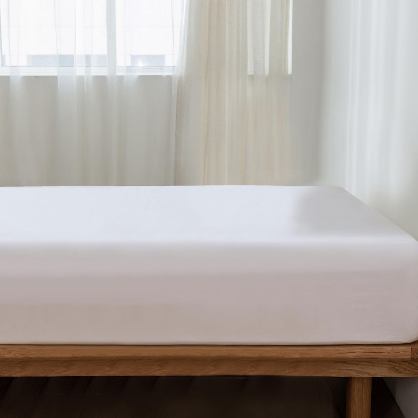 MooMee Fitted Bottom Sheet Only 100% Washed Cotton Linen Like Textured Breathable Durable Soft Comfy Deep Pocket Fits Mattress up to 17" (Bright White, Queen)