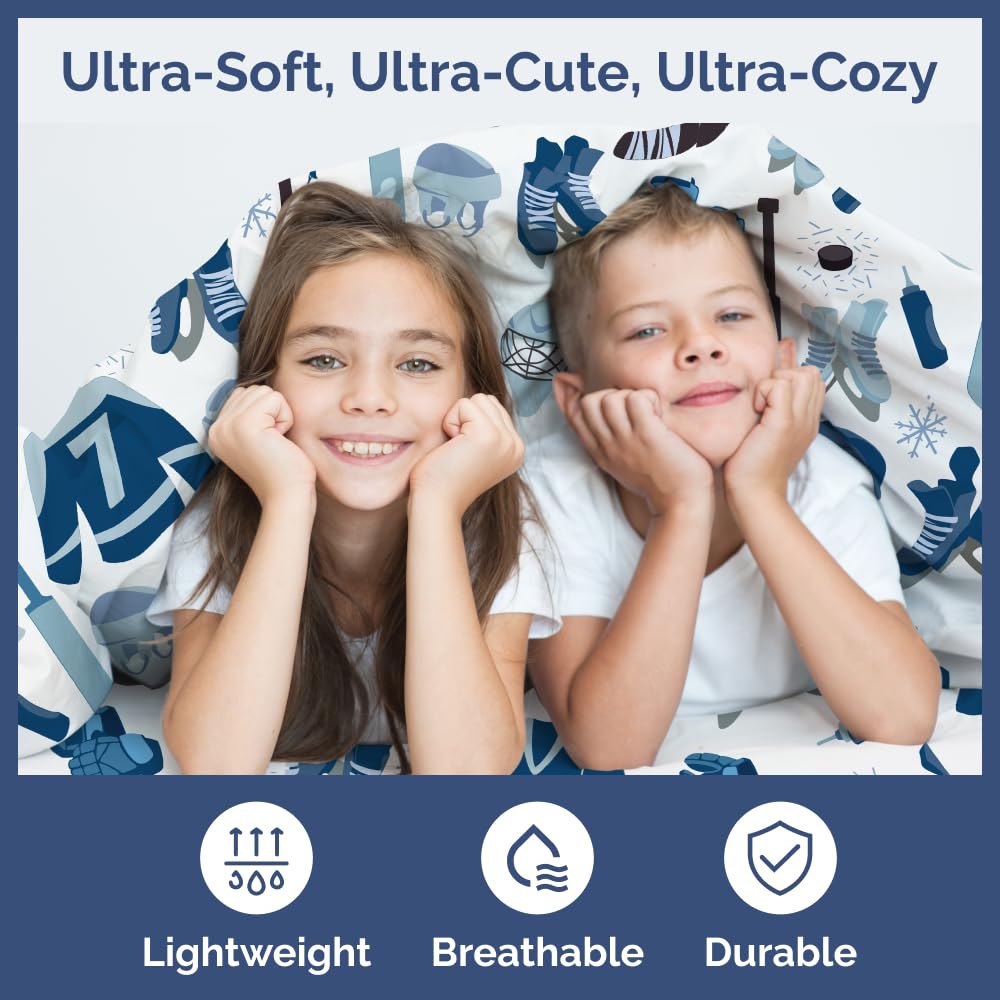 Kids Twin Size Blue Ice Hockey Bed Sheets - 3 Piece Sport Sheet Set - Ice Hockey Player Print Bedding - Soft, Breathable & Machine Washable - Sports Game Bed Set for Boys, Girls, Teens and Toddlers