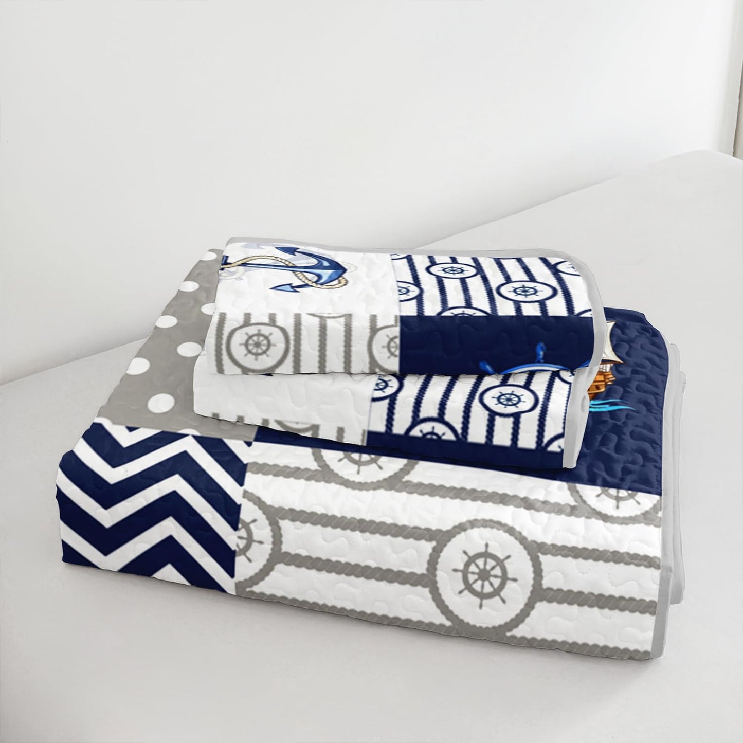 HOSIMA Nautical Quilts Queen Size,Plaid Patchwork Ocean Themed Bedding Sailboat and Anchor Print Coastal Bedding for Bedroom Nautical Decor,Navy Blue with 2 Pillowcases.