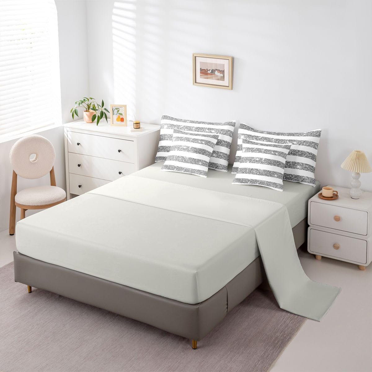 Feelyou Golden Stars Glitter Comforter Set Full Size 7 Pieces Diamond White and Grey Bedding Set for Kids Boys Girls Bling Partyations Bed in a Bag with Comforter, Sheets, Pillowcases, Covers