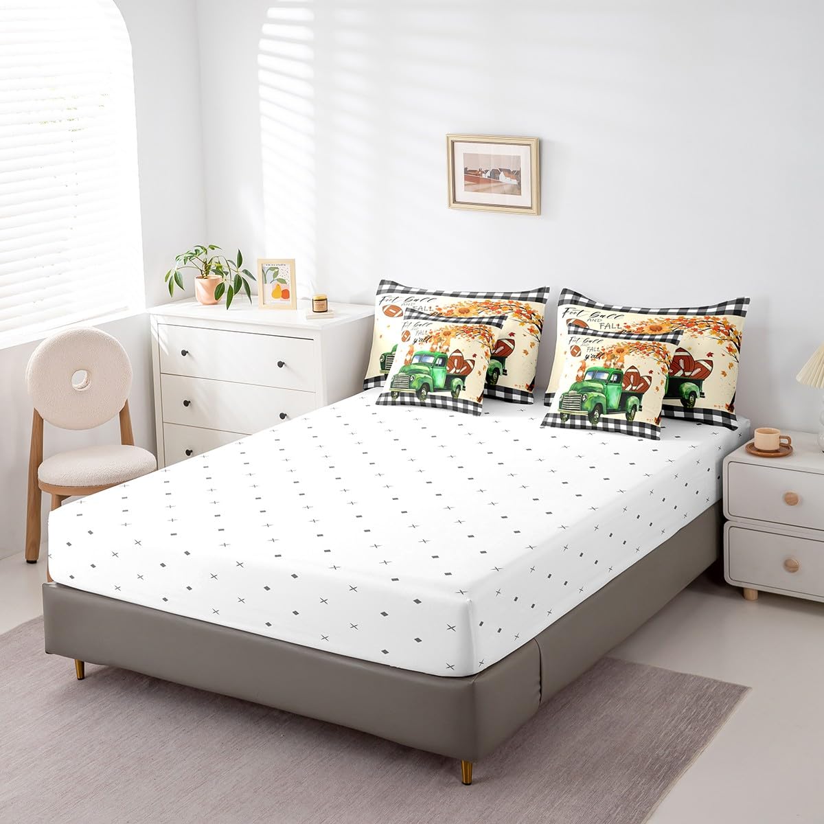 Erosebridal Green Truck 7 Piece Comforter Set Full Bed in a Bag,Cartoon Fall Gnome Kawaii Bedding Sets Rugby Football Sheet Set with Comforter