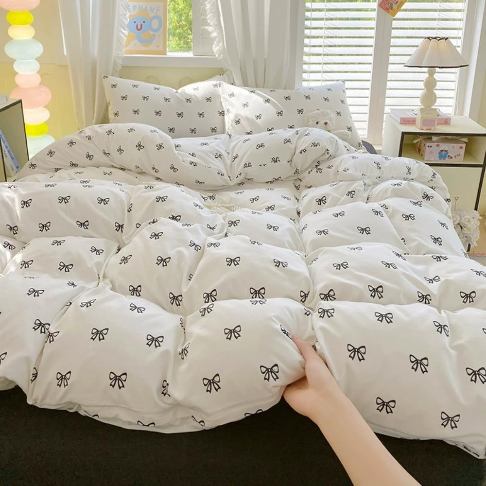 Sedefen Bow Duvet Cover Queen Size Black Bows Printed on White Duvet Cover Set Cute Kawaii Soft Breathable Microfiber Reversible Bedding Set Gift for Women Girls 3Pcs with 2 Pillowcases