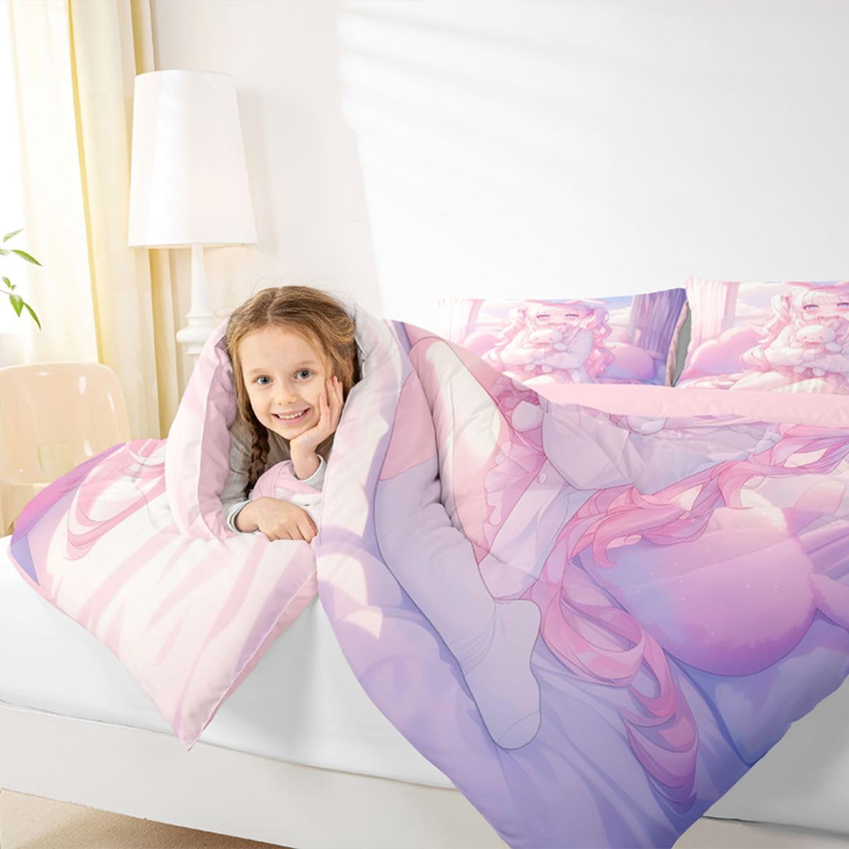 Erosebridal Romance Girly Comforter Set for Kids Boys Girls Anime Girl Bedding Japanese Girl Duvet Set Cute Cartoon Bear Comforter Twin with 1 Pillowcase
