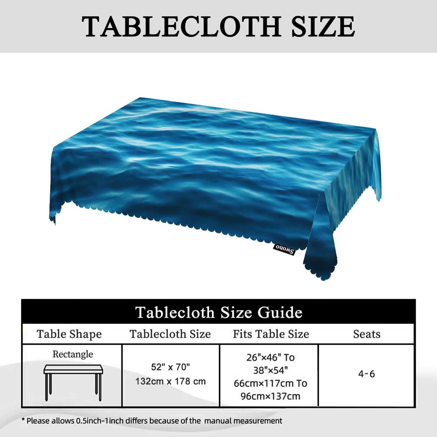 Swono Ocean Waves Table Covers 52x70 Inch Tropical Blue Ocean Waves Seawater Flow Wipeable Tablecloth Kitchen Dinning Tabletop Decoration, Table Cloth for Outdoor and Indoor Use