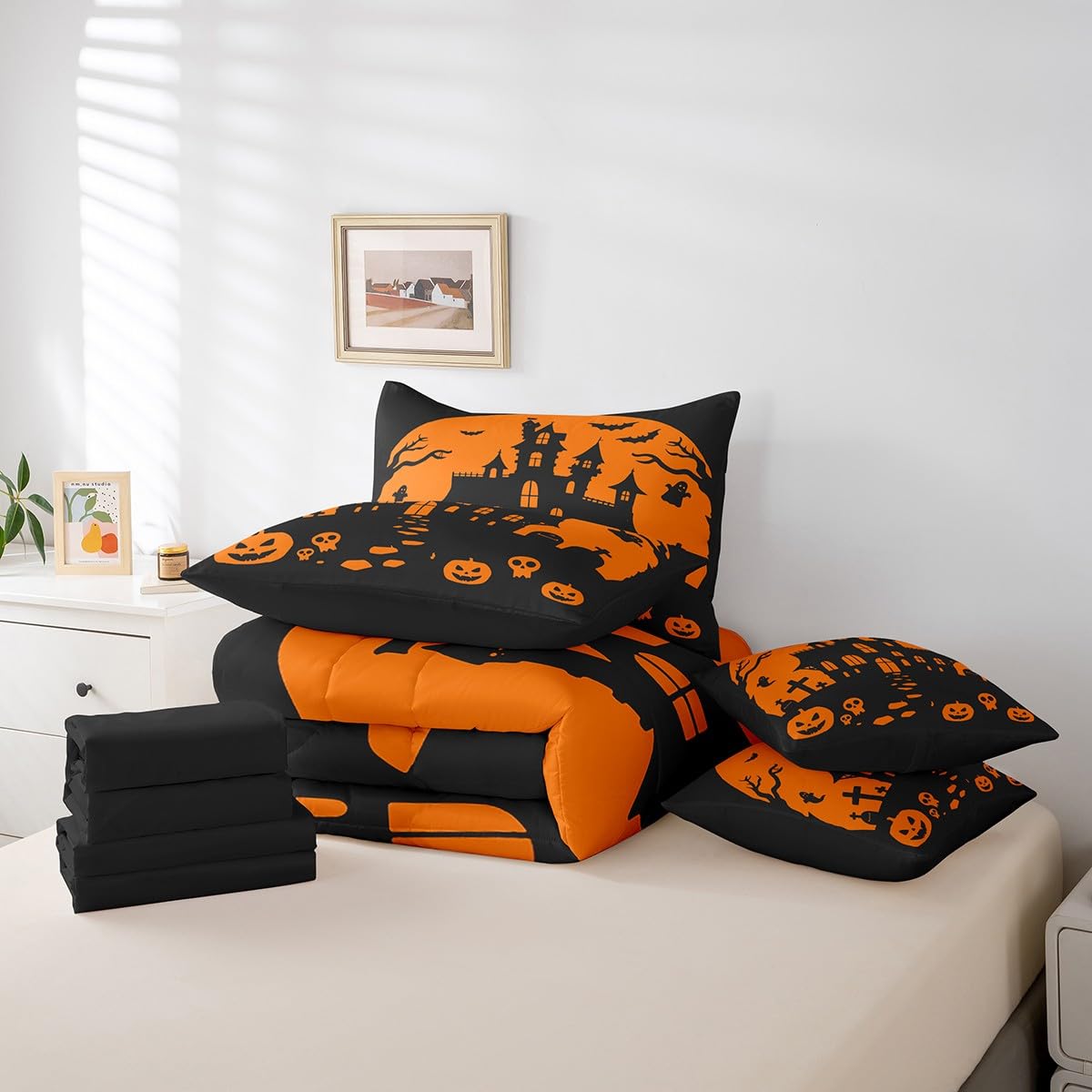 Feelyou Halloween 7 Piece Bedding Set Twin Size Pumpkin Comforter Set with Sheets for Kids Boys Girls Teens Bat Bed in a Bag Horror Castle Bed Set