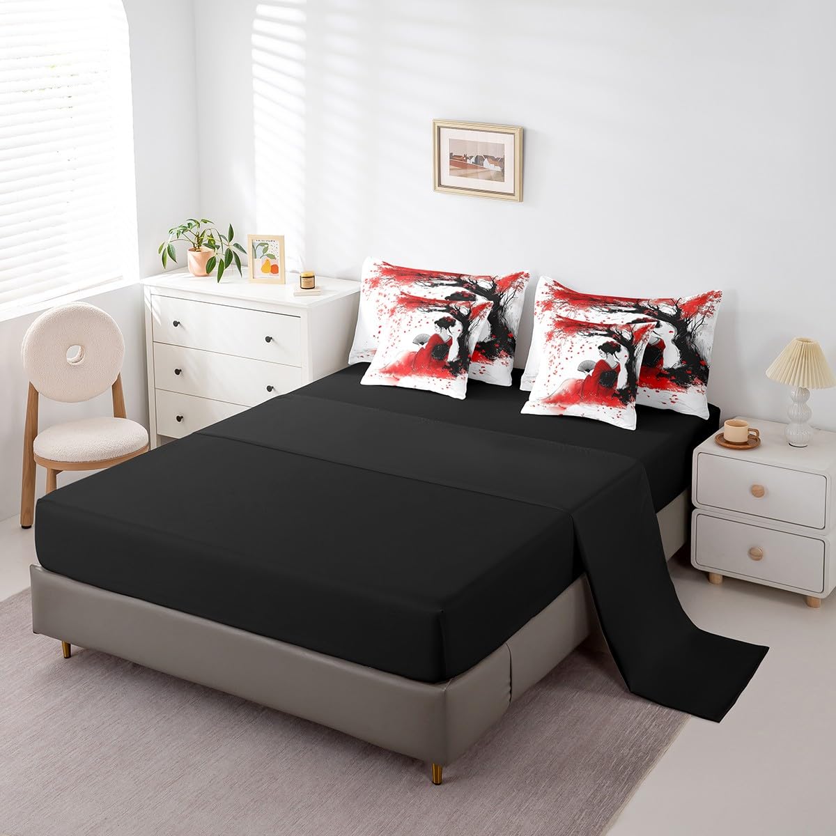 Erosebridal Aesthetic Japanese Geisha Bedding Set 7Pcs,Red Cherry Blossom Comforter Set Twin for Kids Girls Women,Japan Woman Kimono Bed in a Bag,Traditional Ukiyoe Quilt