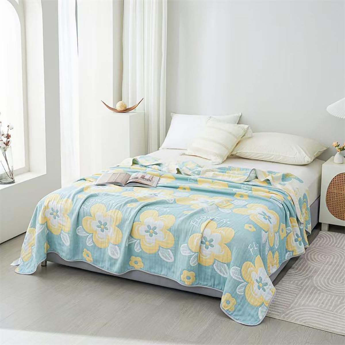 SANACYNA Muslin Blanket 100% Cotton 6-Layer Gauze King Floral Bed Blanket Lightweight Soft Breathable Blanket for Sofa Bed Coverlet Both Sides (Floral Blue, King 90 x 104 in)
