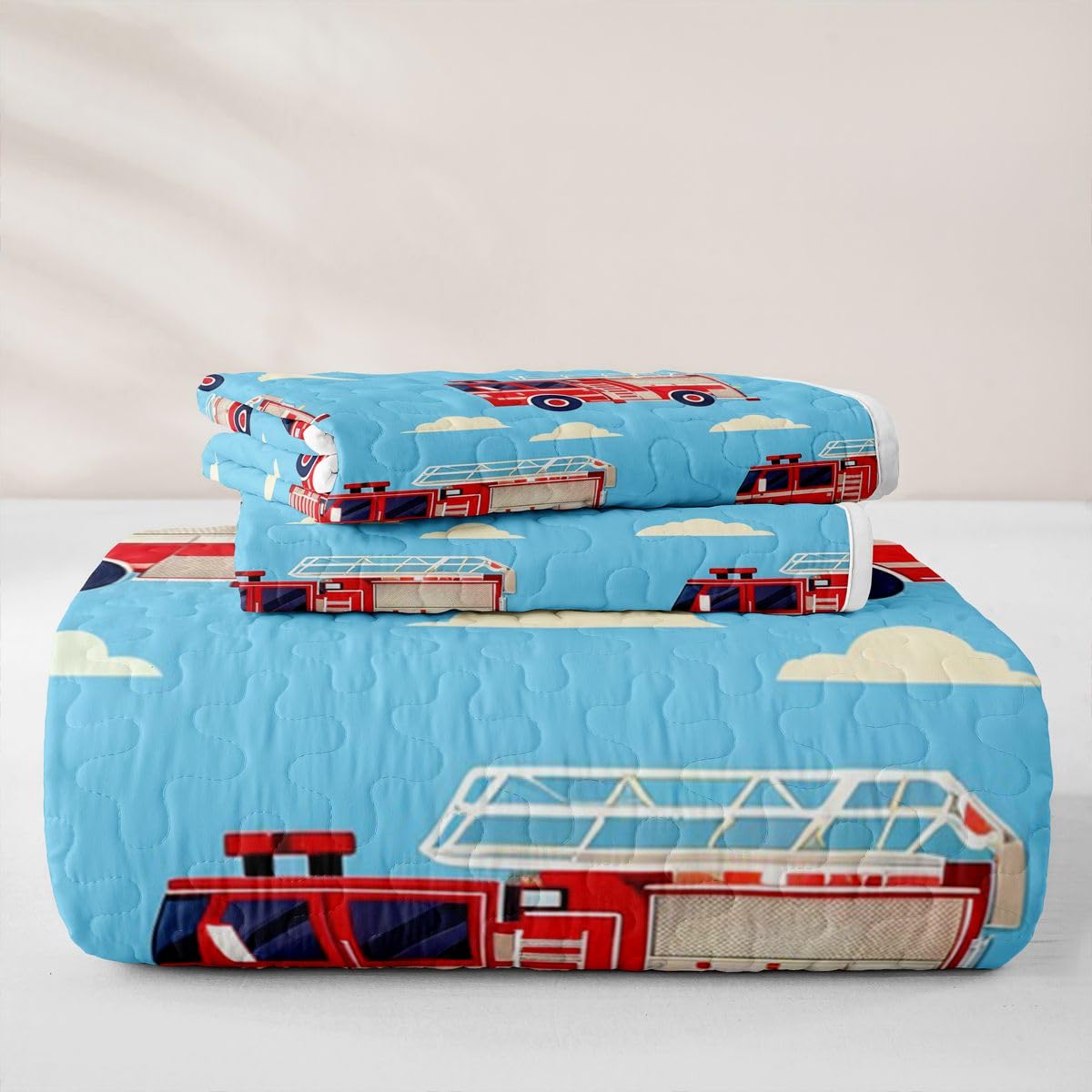 Erosebridal Cartoon Fire Truck Quilt Twin Red Firemen Car Quilt Set for Kids Boys Teens Adults White Cloud Blue Sky Coverlet Fire Engine Bedspread with 1 Pillowcase