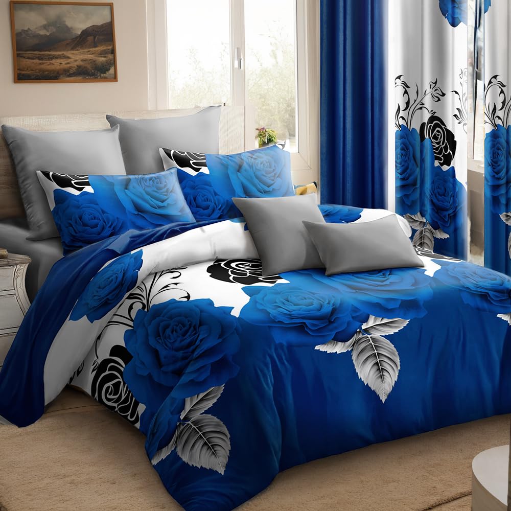 Elegant Blue Rose Floral King Light Comforter Set, Luxury 9-Piece Bed in a Bag King Bedspread with Matching Curtains Ultra Soft & Breathable Botanical Bedding, All-Season Decor for Master Suite