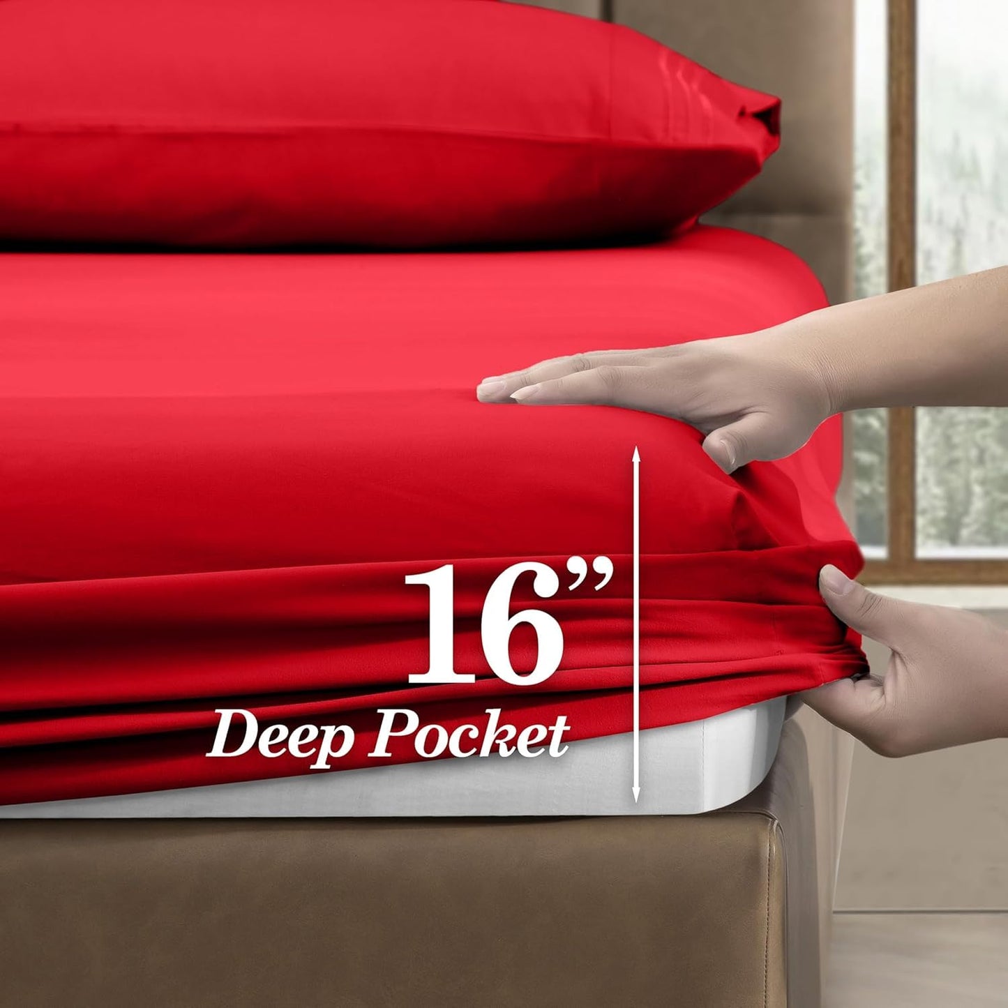 CELINE LINEN Premium 1800 Hotel Quality Wrinkle-Resistant 4-Piece Microfiber Sheet Set - Luxury Ultra Soft and Breathable Bedding 16 Inch Deep Pocket 4PC Sheet Set, King, Red