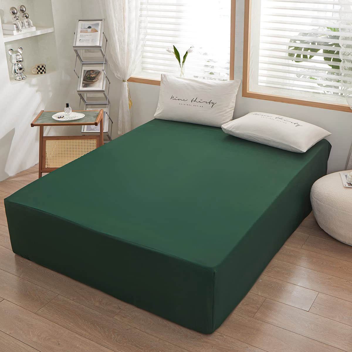 Bedding Queen Size Fitted Sheet Only- Bottom Mattress Fitted Sheet-Fits 15inches Deep Mattress Pocket -Soft and Microfibe-Shrinkage and Fade Resistantr-Easy Care-Dark Green