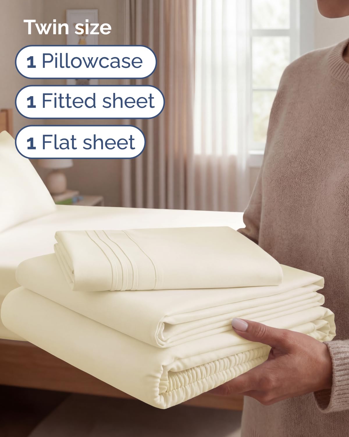 Twin Size 3 Piece Sheet Set - Comfy Breathable & Cooling Sheets - Hotel Luxury Bed Sheets for Women & Men - Deep Pockets, Easy-Fit, Extra Soft & Wrinkle Free Sheets - Off White Oeko-Tex Bed Sheet Set