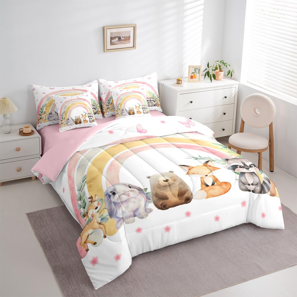 Erosebridal Cartoon Fox 7 Piece Bedding Set King Deer Comforter Set with Sheets Cute Bear Raccoon Otter Rabbit Floral Bed in a Bag Rainbow Butterfly Leaf Pattern for Kids Boys Girls