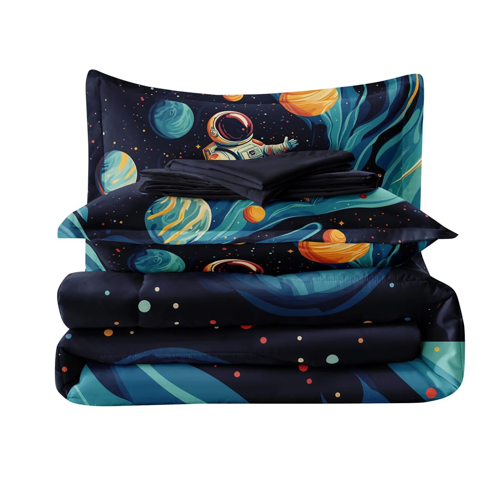 RUPSLO Space Astronaut Comforter Set Twin,Boys Twin Space Bedding Set 5 Pieces,Twin Comforter Set for Kids,Galaxy Comforter with Astronaut Patterns