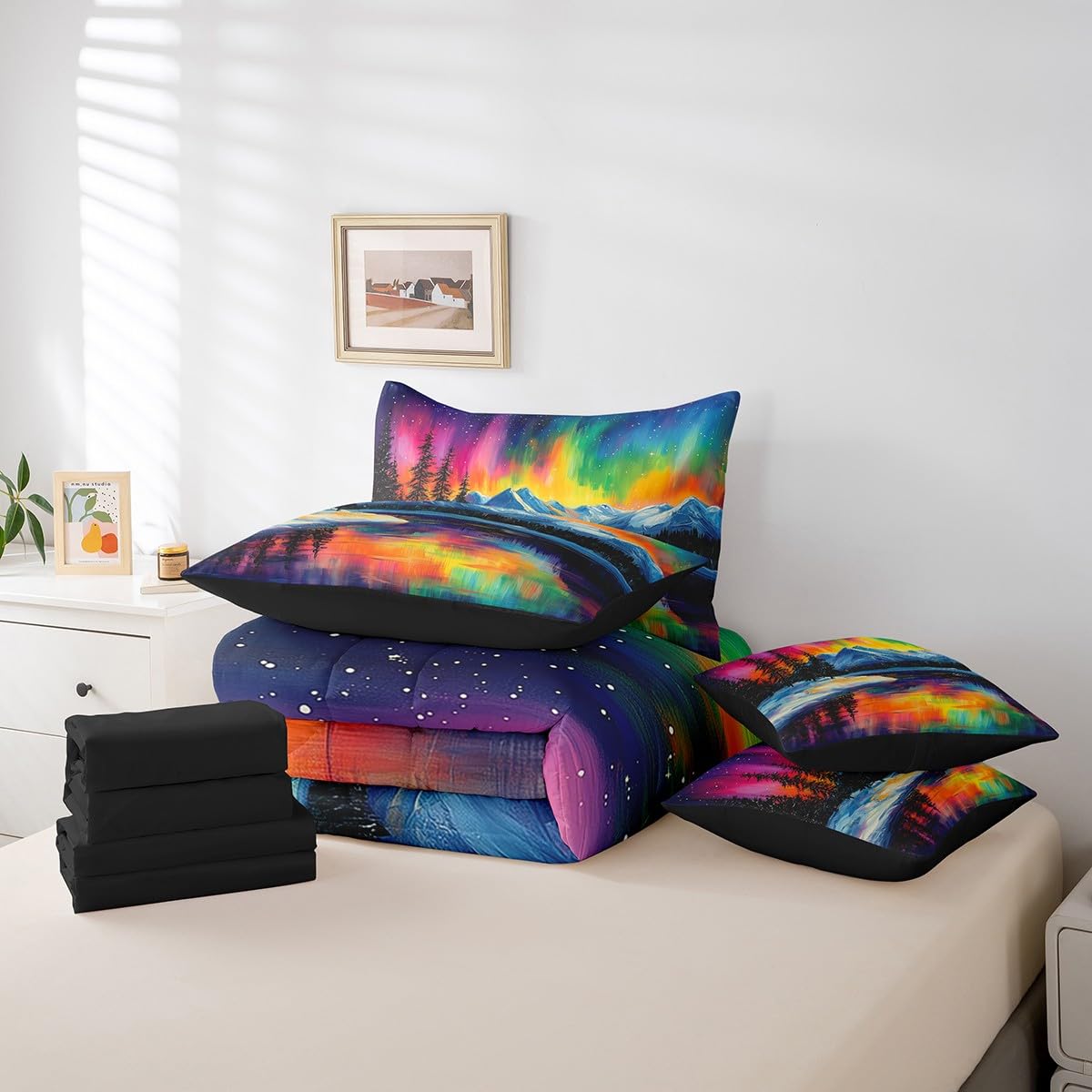 jejeloiu Mountain Lake Comforter Set with Sheets Twin Size Kids Aurora 7 Pieces Bedding Set for Boys Girls Teens Nature Landscape Bed in a Bag Breathable Galaxy Starry Night Sky Bed Set Room Decor