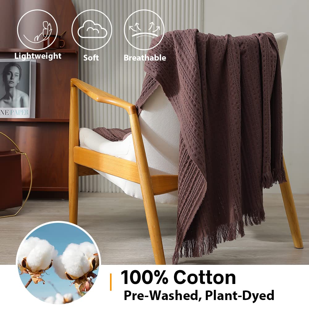 Simple&Opulence 100% Cotton Throw Blanket for Couch, Bed, Waffle Weave Cable Knit Blanket with Tassels, Soft Lightweight Pre-Washed Breathable Cozy Blanket Farmhouse Decoration for All-Season (Brown)