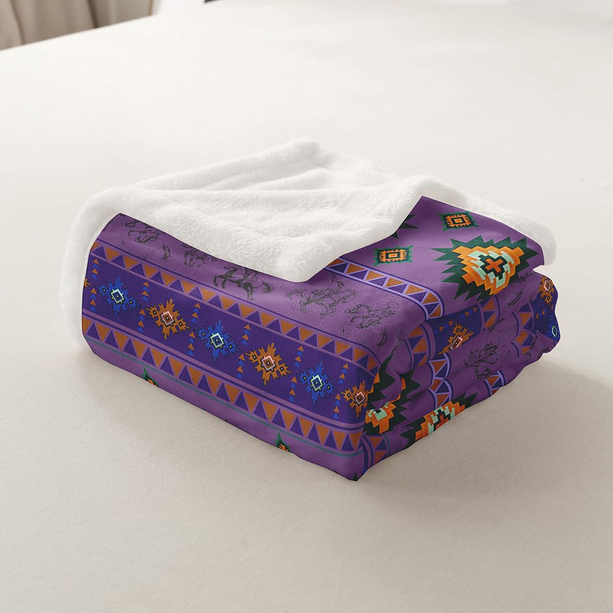 Feelyou Western Cowboy Sherpa Throw Blanket for Couch Southwestern Aztec Pattern Super Soft Cozy Fleece Horse Riding Design Blanket for Winter, Plush Throw Ranch Farmhouse 40"x50" Purple All Season