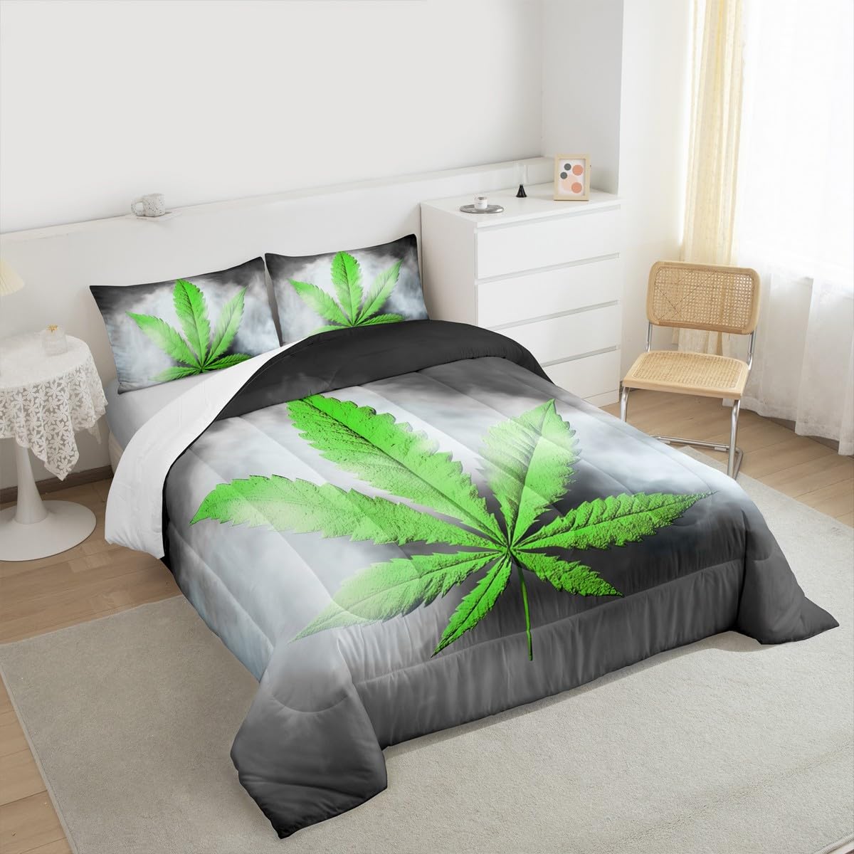 Erosebridal Leaves Comforter King Size, Leaf Bedding Set, Herb Botanical Grunge Duvet Set for Kid Teens Boys Teens, Grey Green
