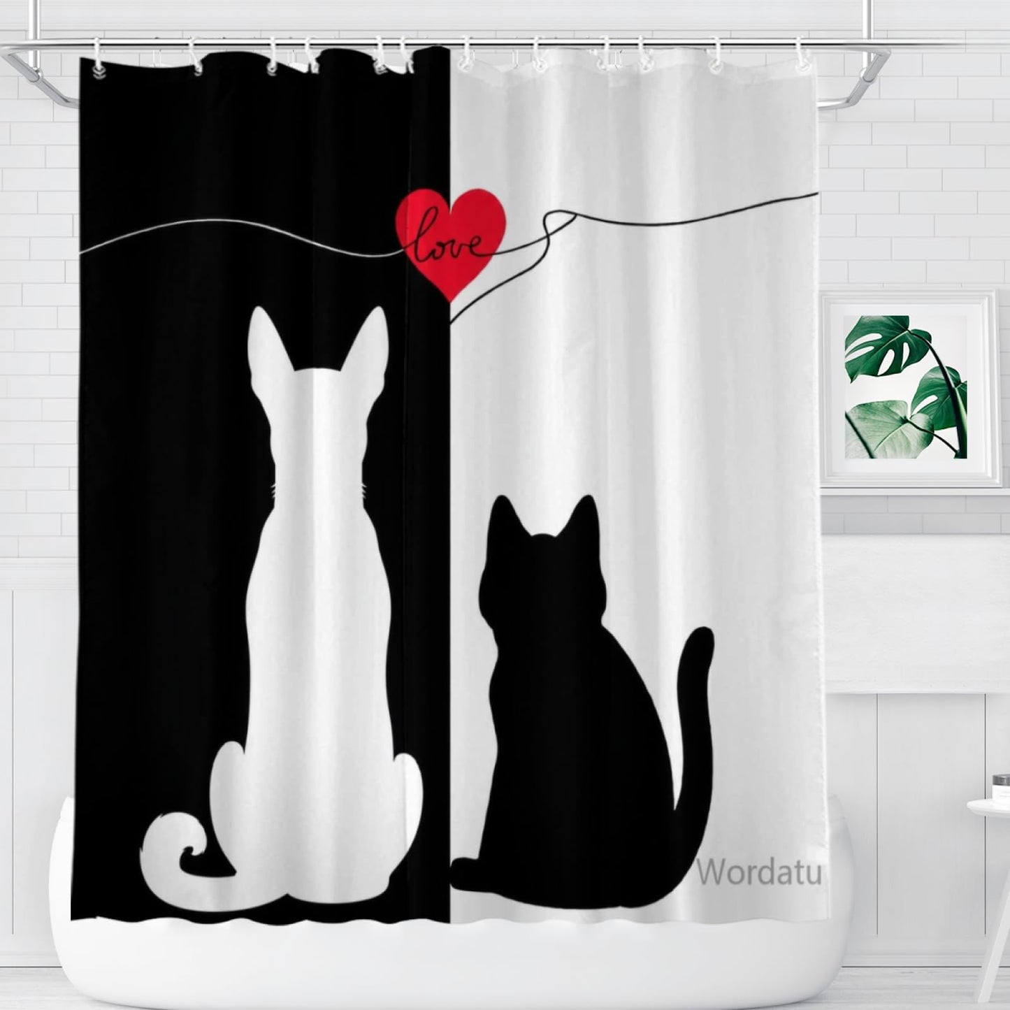 Wordatu Cute Cat and Heart Basenji Shower Curtain, Funny Animal Polyester Shower Curtains for Bathroom,Waterproof Fabric Bath Decor with Plastic Hooks 72x72 in