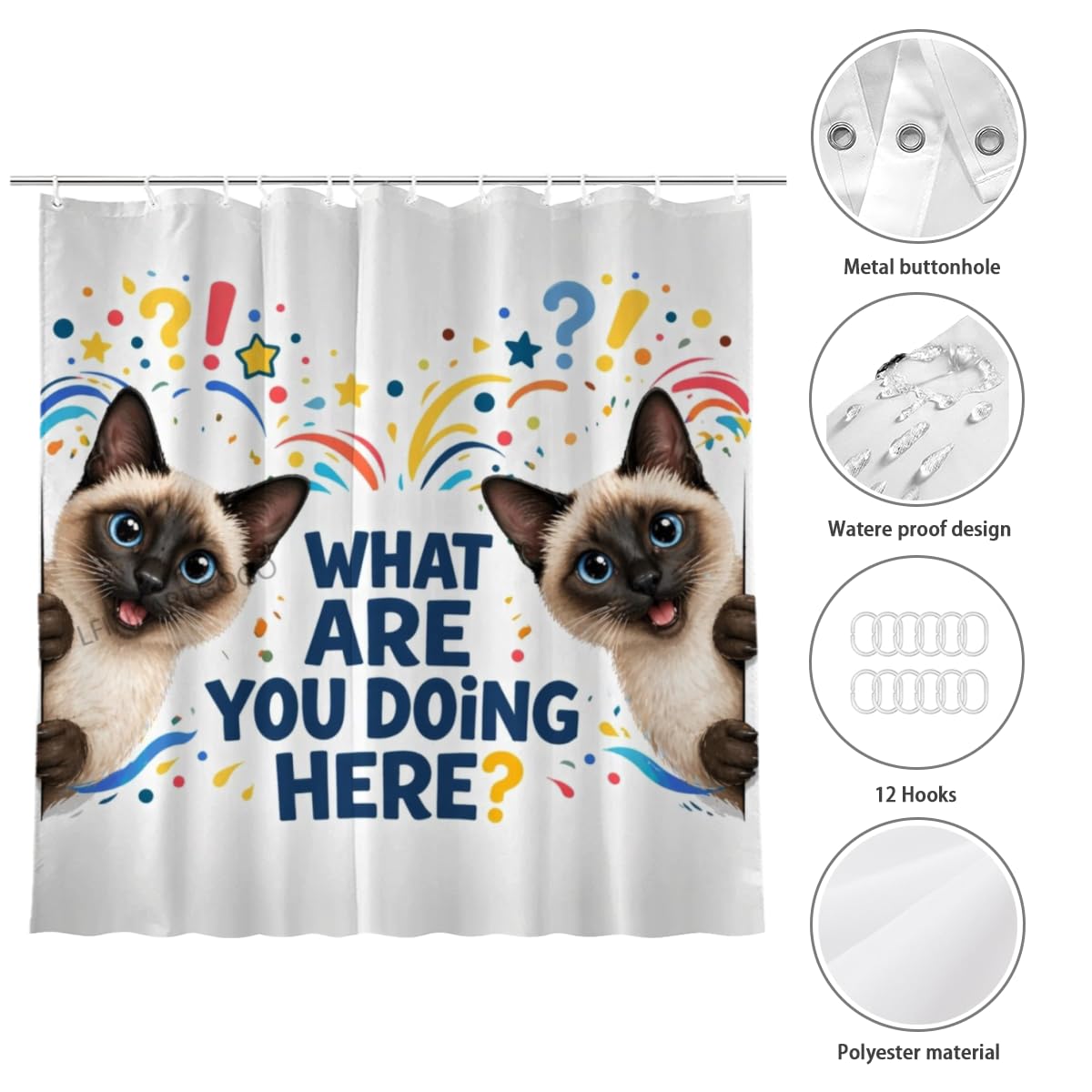 LFINKARTGOGO Funny Siamese Cat Shower Curtain 72x72 with 12 Hooks What are You Doing Here Waterproof Washable Polyester Bath Curtain for Home Hotel Decor