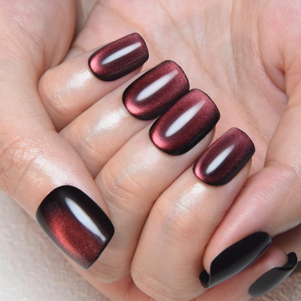 evpct Wine Red Cat Eye Extra Short Press on Nails Square No Glue, Petite Short Square Stick on Nails for Women, Black Wine Red Metallic Glitter Glossy Reusable Press on Acrylic Fake Nail with Designs