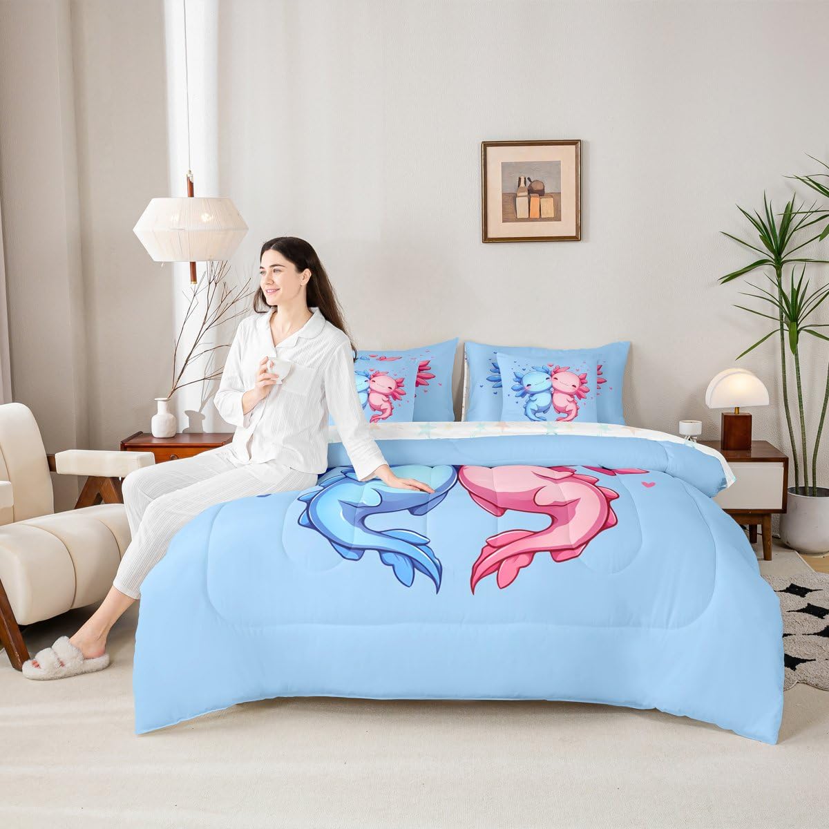 Cartoon Axolotls Queen Comforter Set Pink Blue Cute Axolotls Bed in a Bag with Flat and Fitted Sheet for Girls Boys Kids Coastal Ocean Animal 7-Piece Bedding Set Cartoon Love Heart Quilt Duvet Sets