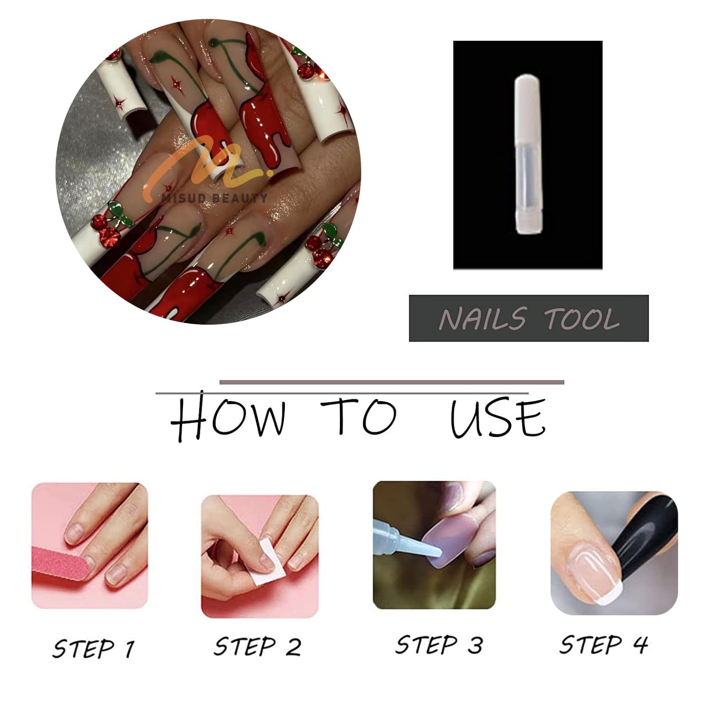 MISUD Press on Nails - Extra Long Square Glue on Nails with White French Tip, Acrylic Cherry Rhinestone Design 24 pcs