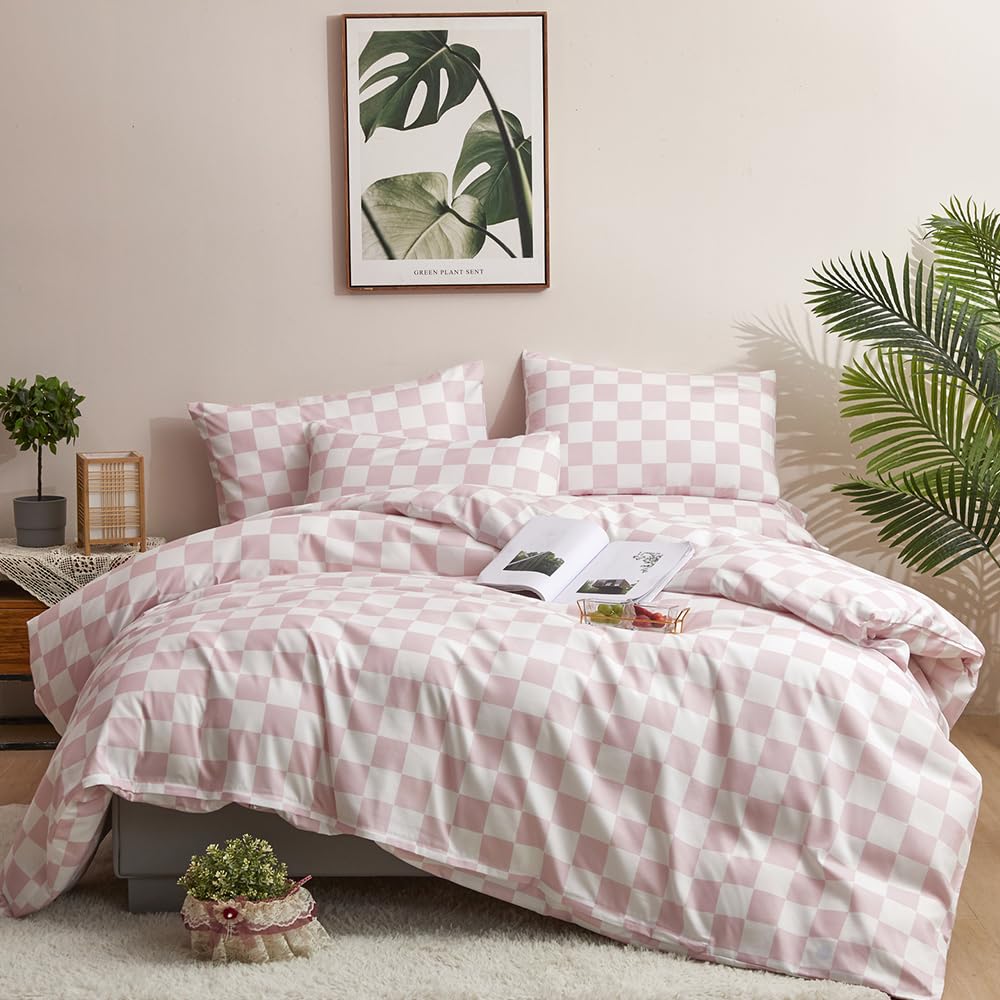 CLOTHKNOW Pink White Grid Queen Duvet Cover Set Plaid Bedding Sets Checkerboard Bedding Duvet Cover Sets Soft Pink Duvet Cover with 2 x Pillow Cases