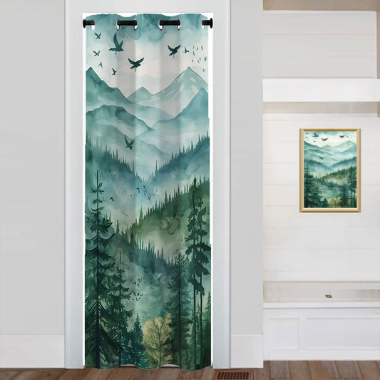 WUMINMIN Mountains Forest Door Curtain for Doorway Privacy, Watercolor Landscape Tree Green Room Divider Curtain for Privacy Bedroom Doorway Living Room, 1 Panel 34" W X 80" L