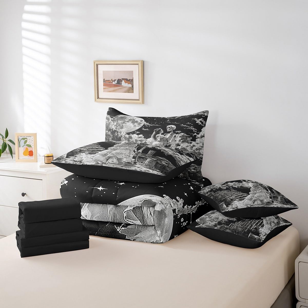 Erosebridal Sugar Skull Comforter Set King,Romantic Skeleton Couple Bedding Set 7Pcs,Glitter Starry Sky Stars Bed in a Bag,Trippy Skull Bones Quilt
