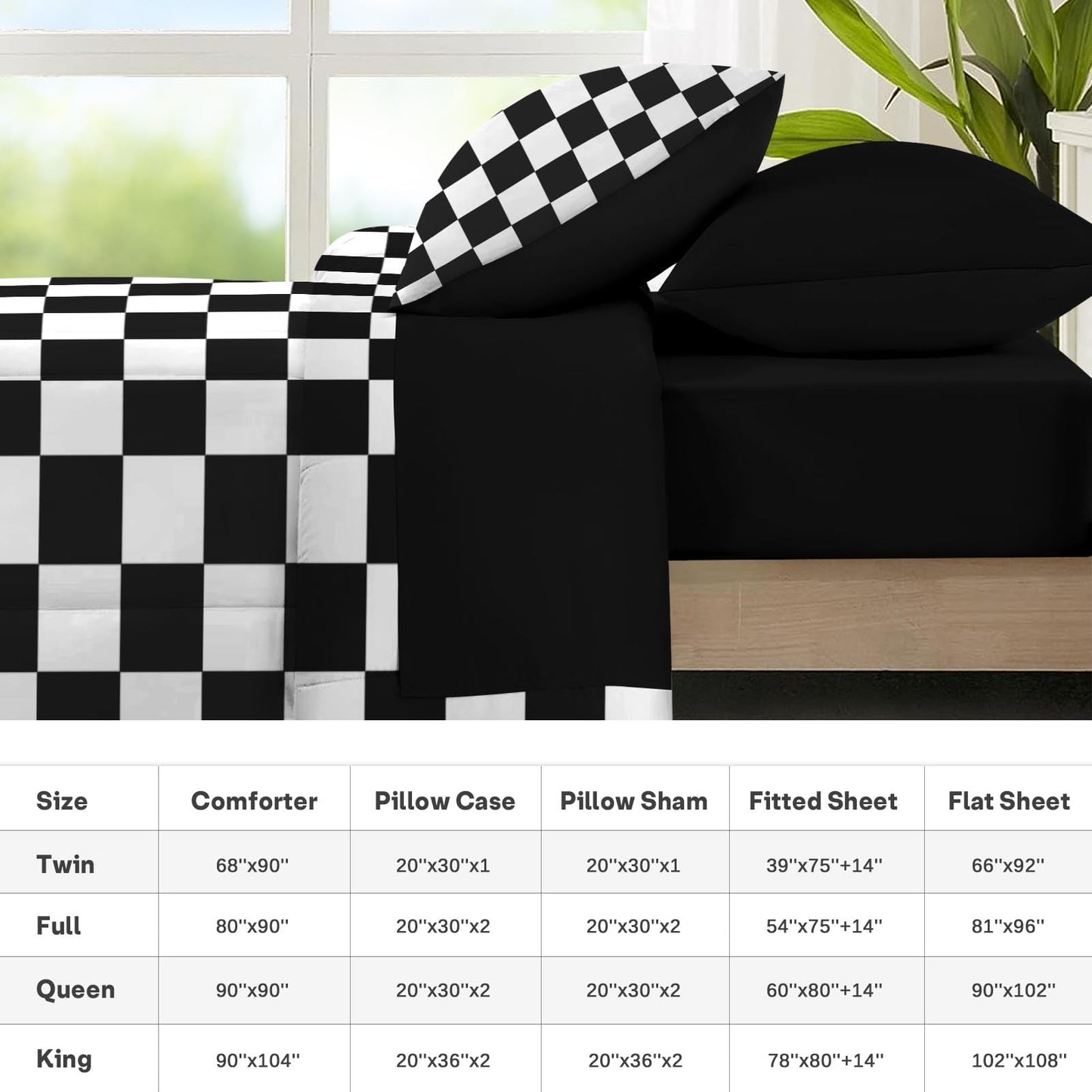 Nesker Comforter Set King Size, Black and White Plaid Geometry 7 Pcs Bedding for Kids and Adults, Checkerboard Grid Black Bed Sheet Sets with Fitted Sheet 2 Pillowcases & 2 Shams