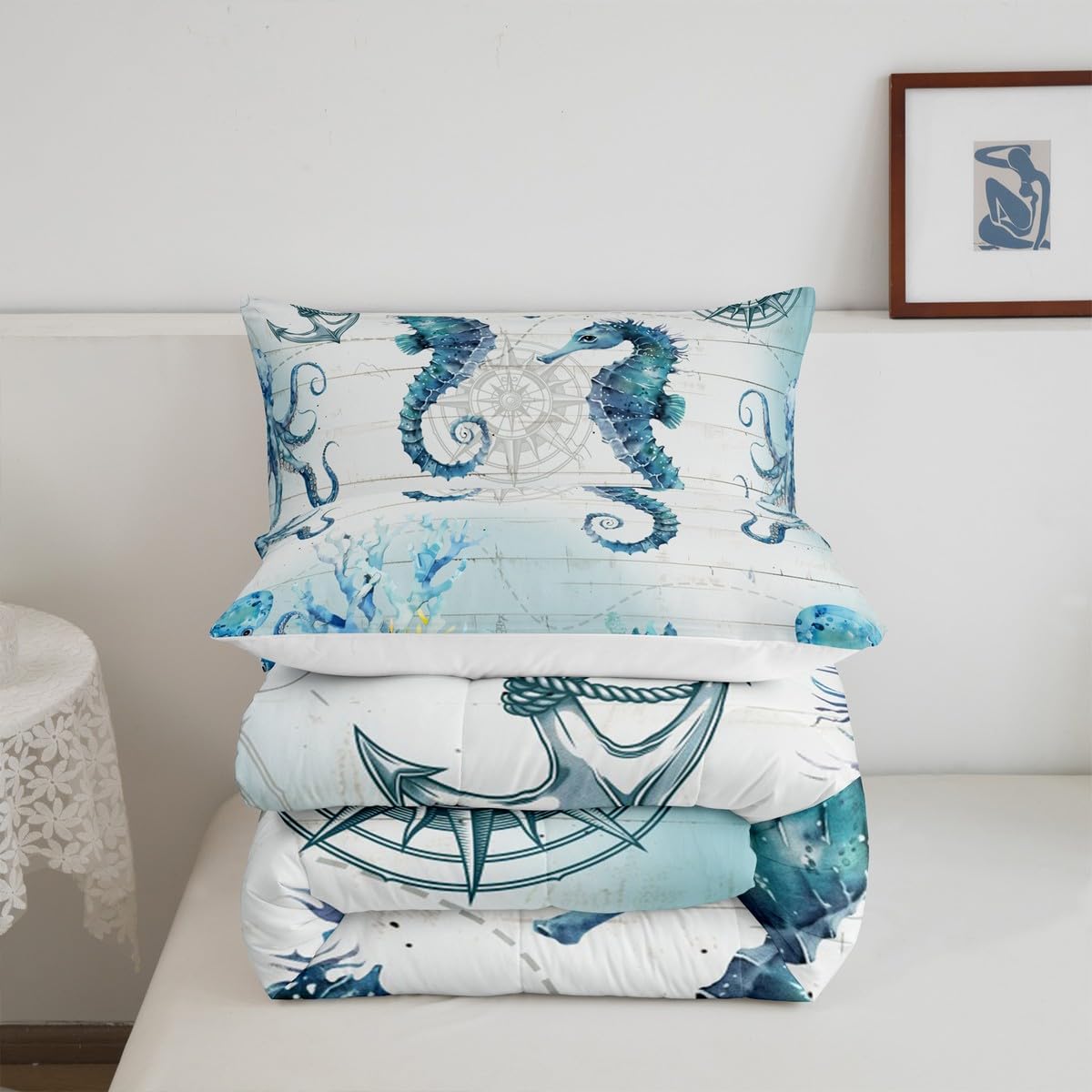Manfei Hippocampus Comforter Set Twin Size, Sea Turtle Seahorse Octopus Quilt Set with 1 Pillowcase, Nautical Anchor Compass Bedding Set 2pcs for Kids Boy Girls Marine Life Duvet Insert