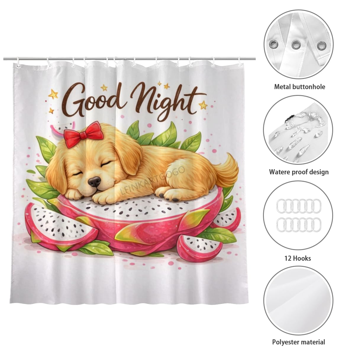 LFINKARTGOGO Cute Golden Retriever Shower Curtain Cartoon Dog Good Night 72x72 with 12 Hooks Bathroom Decor Waterproof Washable Polyester for Home Bathroom