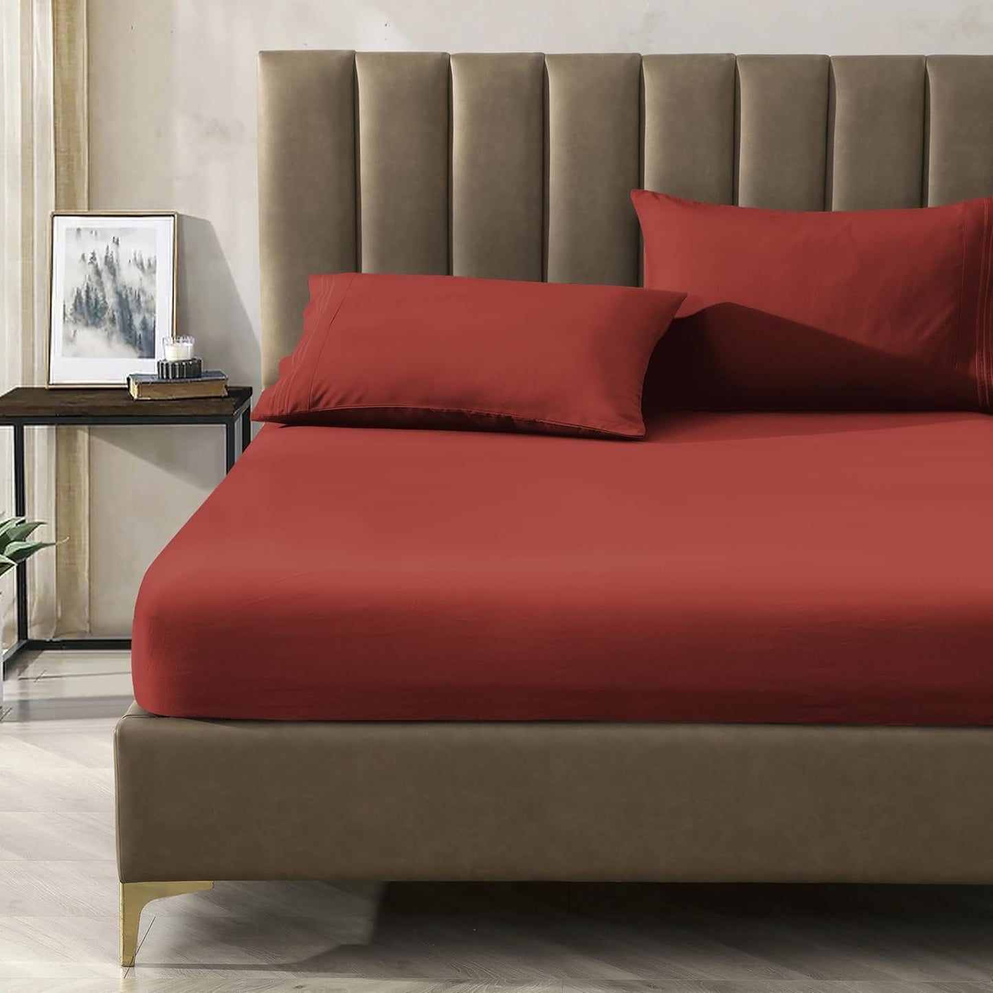 CELINE LINEN Premium 1800 Hotel Quality Wrinkle-Resistant 4-Piece Microfiber Sheet Set - Luxury Ultra Soft and Breathable Bedding 16 Inch Deep Pocket 4PC Sheet Set, King, Rust
