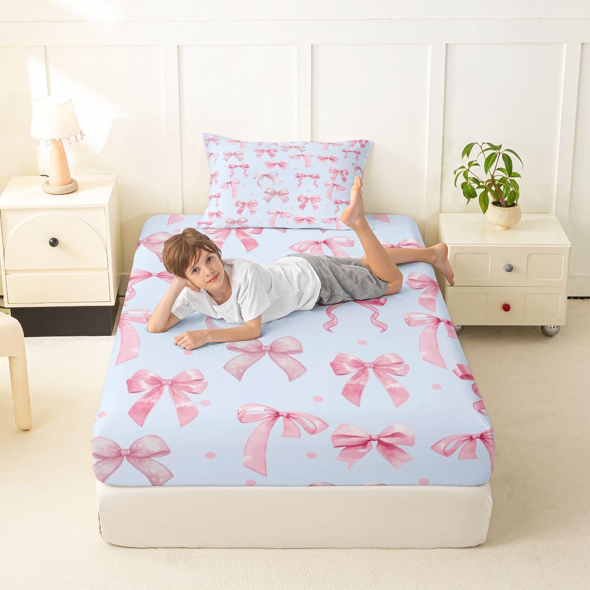 jejeloiu Cute Pink Blue Bow Fitted Sheet Twin Size for Kids Boys Girls Dreamy Princess Bowknot Bed Sheets Set 16" Deep Pocket Ribbon Bow Knot Bedding with 1 Pillowcase Room Decor