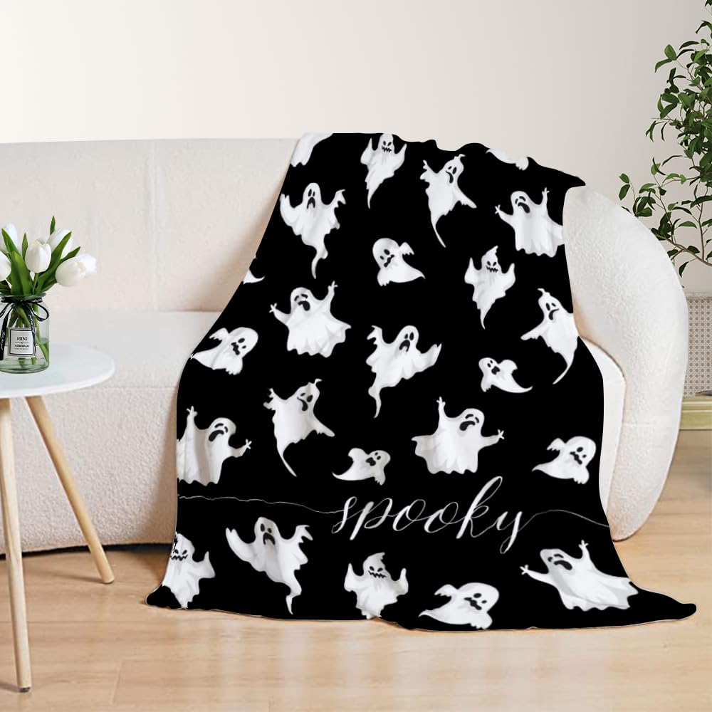 YeeJu Halloween Throw Blanket Black Spooky Ghost Throw Blanket for Couch Sofa Bed Living Room Halloween Cozy Soft Lightweight Fuzzy Plush Fleece Blankets and Throws Decorative Blanket 50x60
