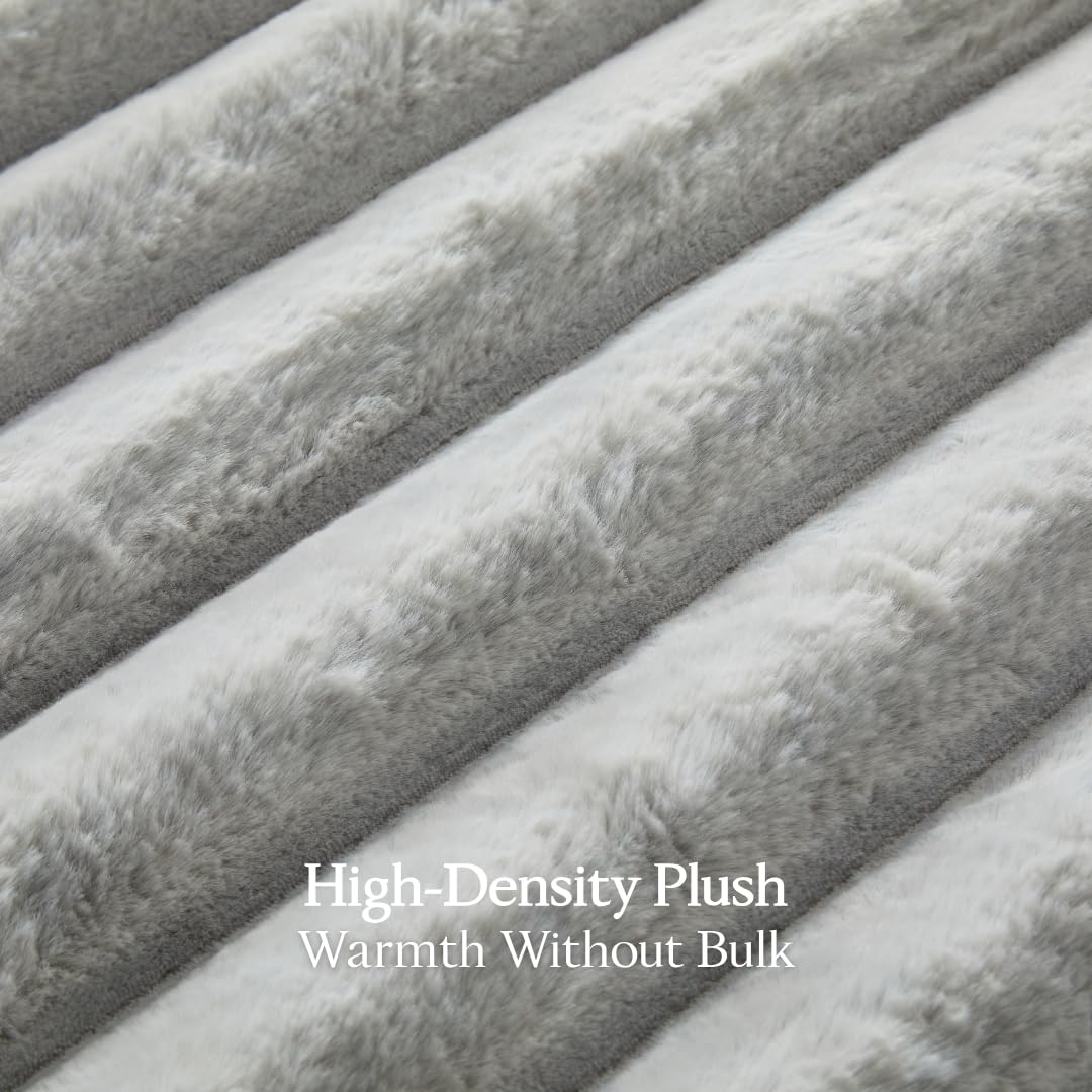 The Nantucket Blanket - LuxeComfort Faux Fur Striped Blanket 60"x70" Pebble Grey - Luxuriously Soft Cozy Warm Gift for Women, Plush Silky Fuzzy Heavyweight Reversible Design Home Decor